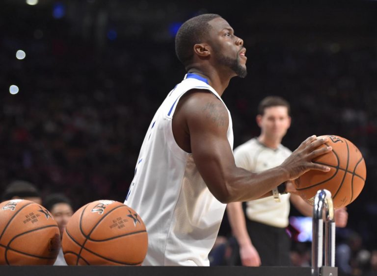 Feb 13, 2016; Toronto, Ontario, Canada; American comedian Kevin Hart participates in a three-point contest with Golden State Warriors forward Draymond Green (not pictured) during the NBA All Star Saturday Night at Air Canada Centre. Mandatory Credit: Bob Donnan-USA TODAY Sports