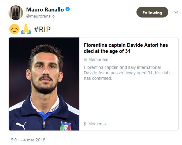 Mauro Ranallo Twitter Morte Astori