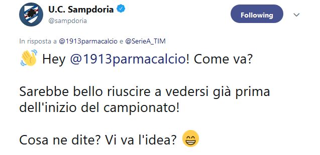 Sampdoria-Parma amichevole su Twitter
