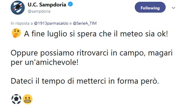 Sampdoria-Parma amichevole su Twitter