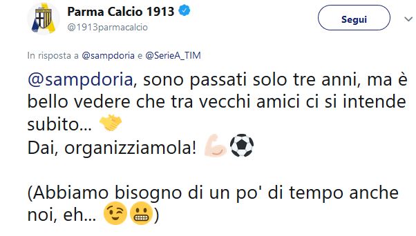 Sampdoria-Parma amichevole su Twitter