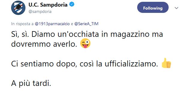 Sampdoria-Parma amichevole su Twitter