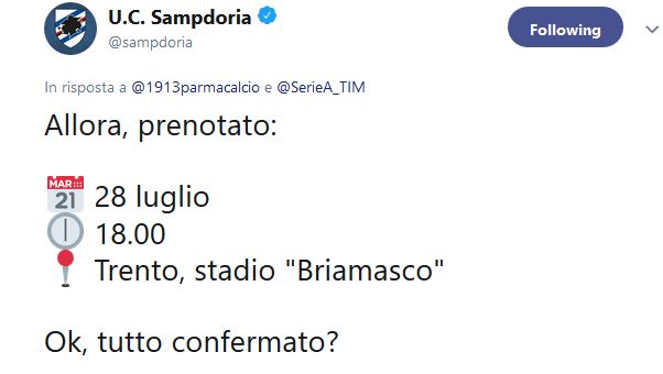 Sampdoria-Parma amichevole su Twitter