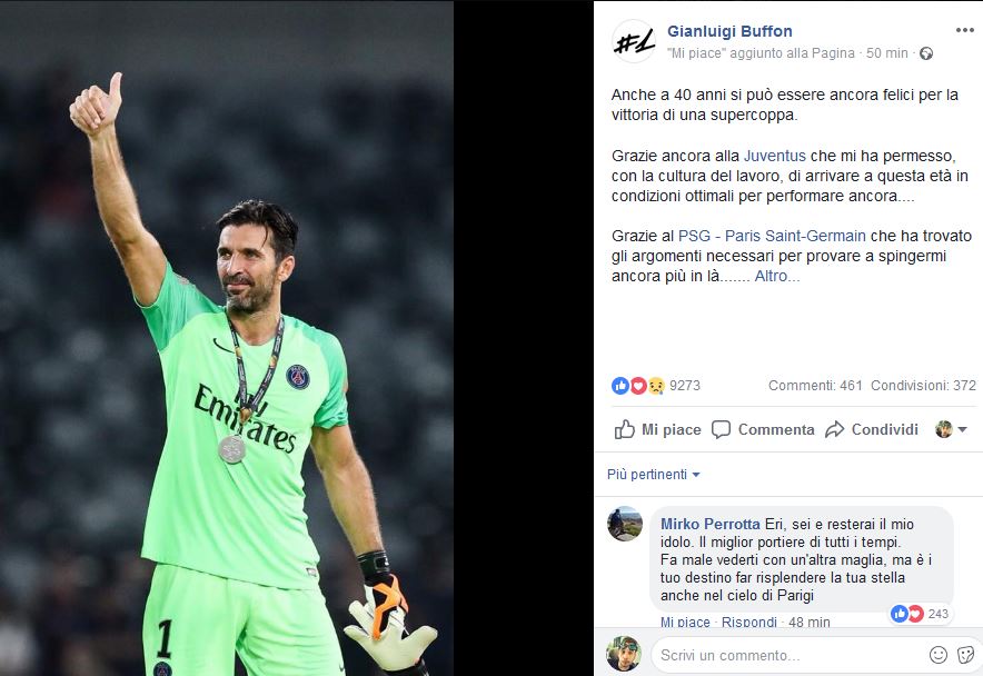 Gianluigi Buffon post Facebook vittoria Supercoppa di Francia