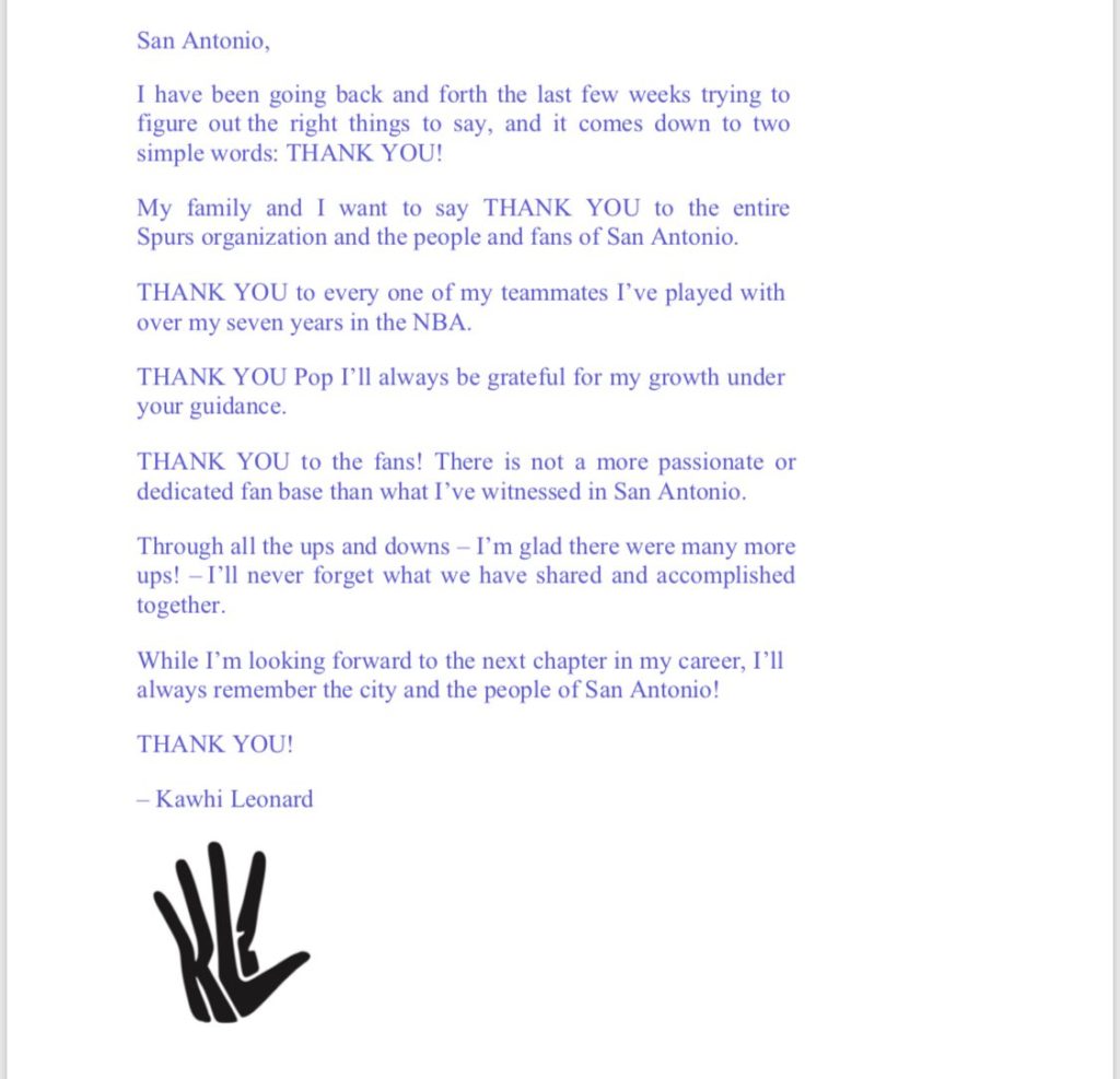 Kawhi Leonard lettera addio San Antonio Spurs