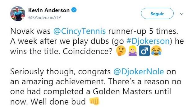 Kevin Anderson Tweet Djokovic vittoria Cincinnati