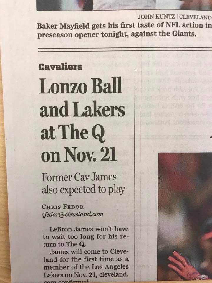 Lonzo Ball e LeBron James giornale Cleveland Cavaliers