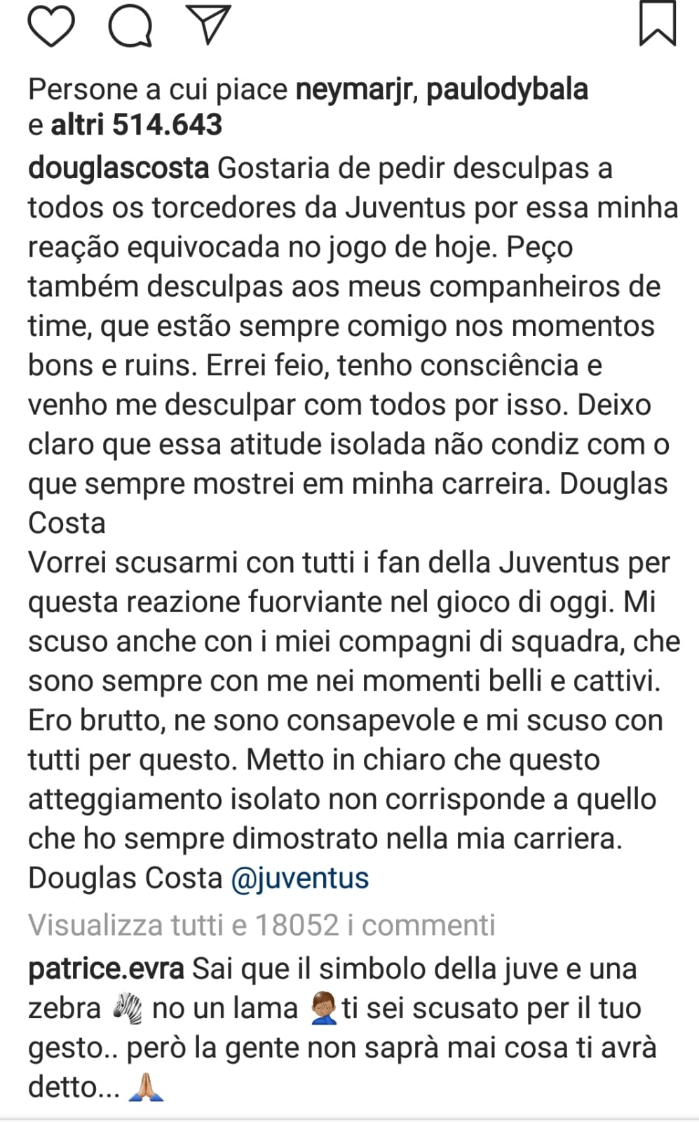 Evra commento post Instagram Douglas Costa sputo