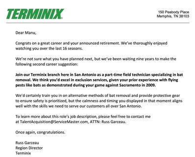 Manu Ginobili contratto disinfestatore di pipistrelli Terminix