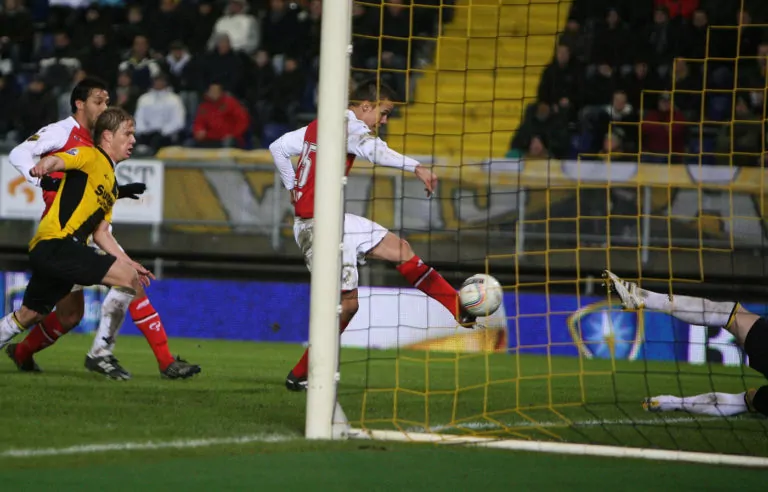 AZ Alkmaar's Niklas Moisander scores the first goal of the game