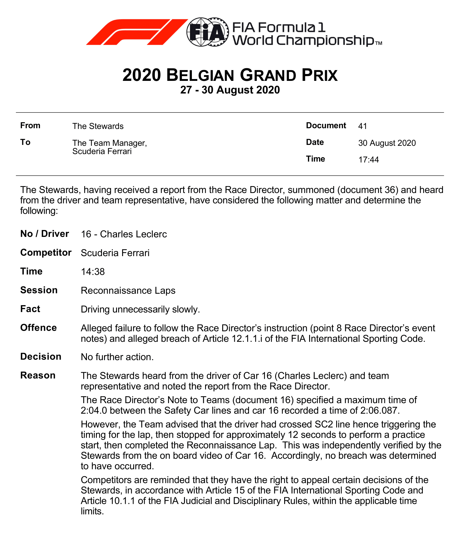 f1 leclerc stewards