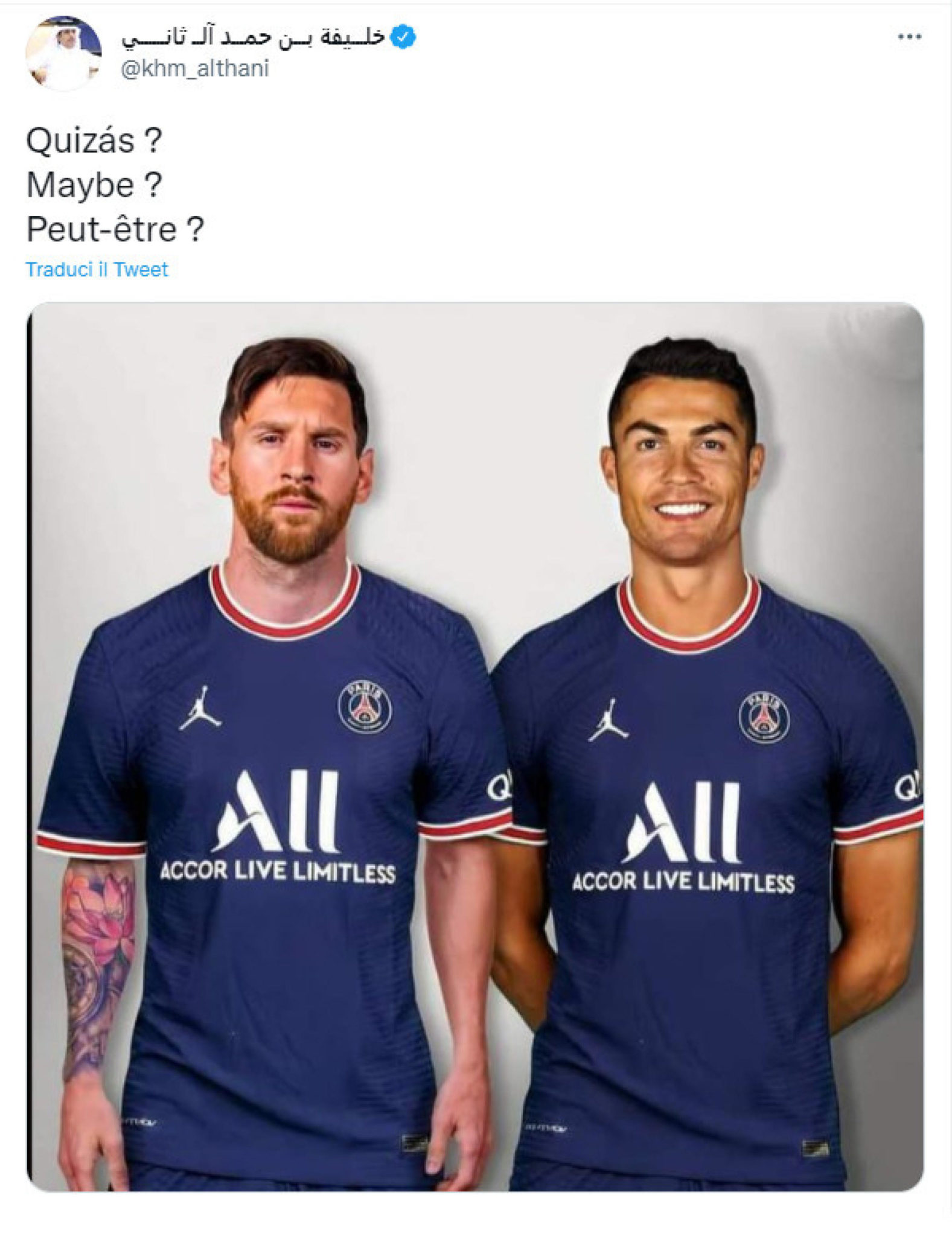 Calcio: Messi e CR7 insieme, tweet Al Thani accende fantasie
