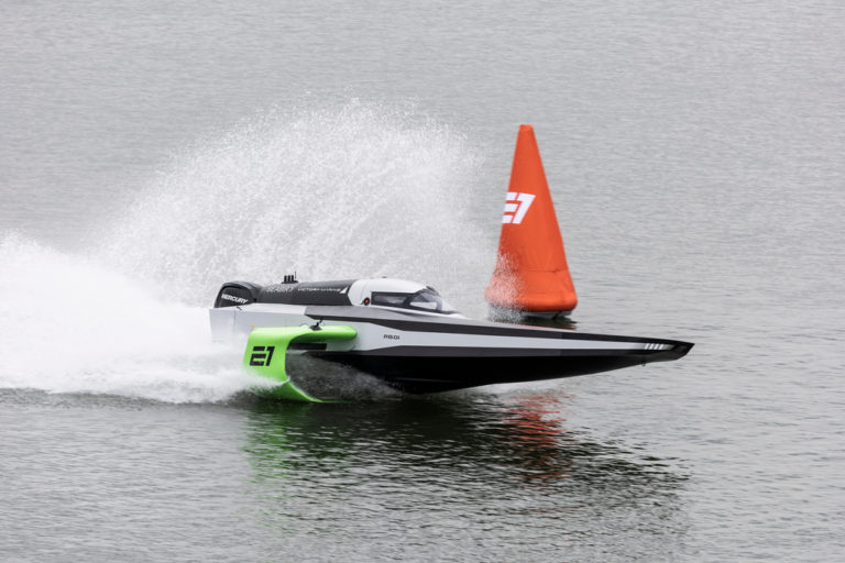 7th April  2022. San Nazzaro. Italy.
Pictures of the E1 Race Series ‘RaceBird’ RB01. The foiling electric race boat shown here testing for the first time.
Photo by Lloyd Images