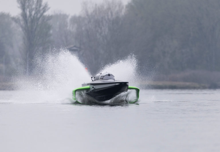 7th April  2022. San Nazzaro. Italy.
Pictures of the E1 Race Series ‘RaceBird’ RB01. The foiling electric race boat shown here testing for the first time.
Photo by Lloyd Images